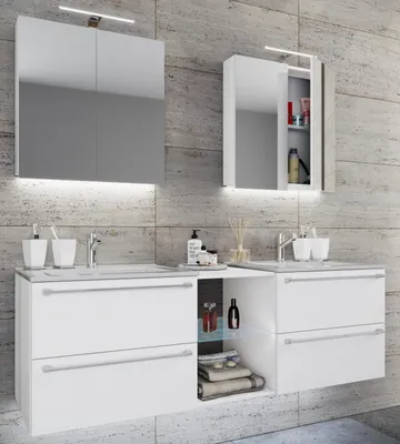 Produktbild von VCM 3-tlg. Set | 2 Waschtisch, 2 Spiegelschrank, 2 Waschbecken, 1 Mittelfach | Keramik Waschbecken | Unterschrank 155 cm | Badmöbel Set Doppel Waschplatz - Badinos XXL