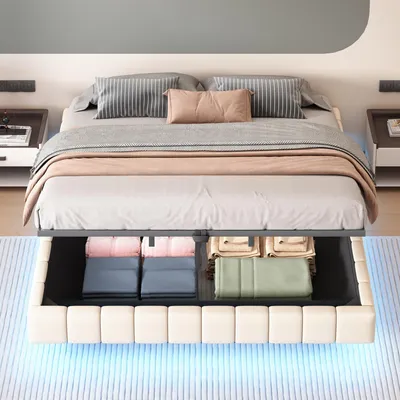 Imagen del producto de Cama tapizada Zerbaco, cama de matrimonio, 180x200 cm, con cajón integrado, sistema hidráulico, sin cabecero, iluminación LED, tapizada en lino, color beige, con somier