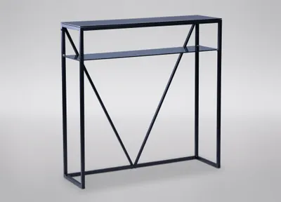 A black metal and glass console table with two shelves against a light gray background.