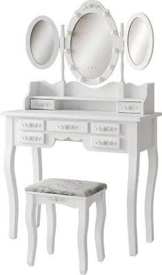Productafbeelding van Kaptafel set met kruk Vicco Diana Wit 90 cm met spiegel, LED-verlichting en kruk, Model 47232