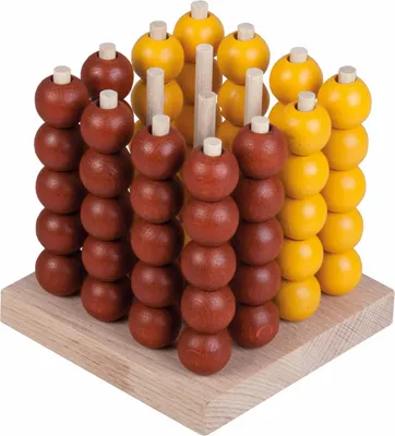 A wooden 3D tic-tac-toe game with brown and yellow balls on a wooden base.