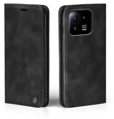A black flip case for a smartphone is shown from two angles, open and closed.