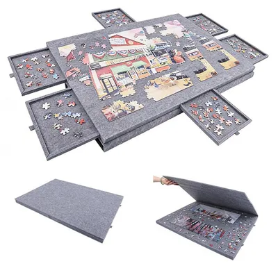 Produktbild von Kippbares Puzzletisch mit 6 Schubladen, Puzzlebrett für bis 1000 Teile, Filz, Grau