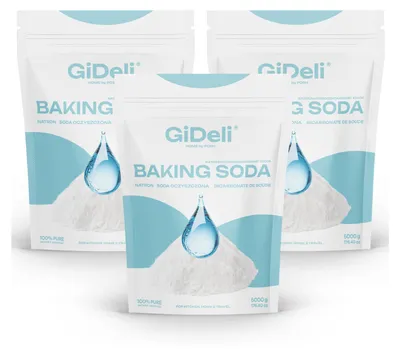 Three bags of GiDeli Baking Soda are displayed in a studio setting with a white background.