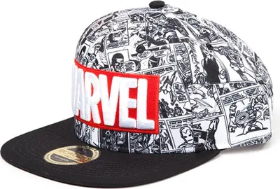 A close-up studio shot of a Marvel comic book themed snapback hat.
