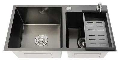 Immagine prodotto di Set di lavelli da cucina - Doppia vasca - Acciaio inossidabile 304 - Grande capacità - Due fori per rubinetti - Senza miscelatore - Grigio scuro