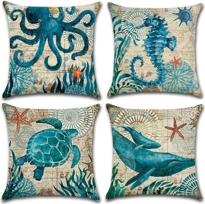 Produktbild von Kissenbezug 45 x 45 cm, Baumwolle Leinen Ozean Kreaturen Wal Schildkröte Seepferdchen Octopus Kissenhülle Taille Wurf Kopfkissenbezug für Zuhause und Sofa, Schlafzimmer Dekoration, 4 Stück (Set-E)