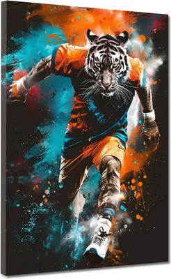 Produktbild von Tiger als Sportler im dynamischen Pop Art Leinwandbild Wandbild XL Wanddeko: 120x160x4cm