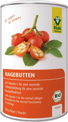 A can of Raab Vitalfood Hagebutten powder with rose hips and leaves depicted on the front.