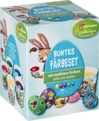 Produktbild von Heitmann Eierfarben Färbeset Ostereier färben verzieren Sticker 5 bunte Farben