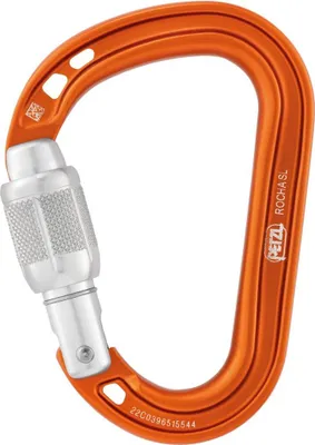 Oranger Petzl Rocha SL Karabiner mit silbernem Schraubverschluss und rautenförmiger Griffstruktur