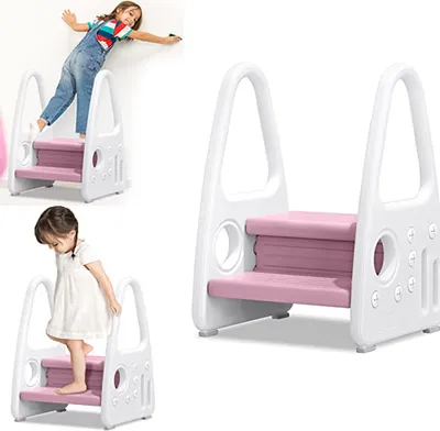 Obrázek produktu pro YARDIN Step Stool Děti 2 kroky Step Stool Learning Tower Step Ladder Stool se dvěma rameny Anti-Slip Vhodné pro koupelnu Ložnice Kuchyně Pink