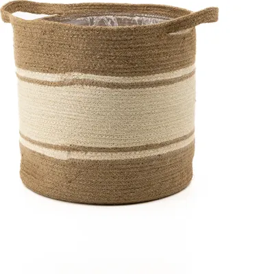 Produktbild von Korb rund natur und creme-weiß mit Henkel Ø 25 x 23cm Pflanzkorb mit Einsatz Blumentopf geflochten Aufbewahrungskorb Über-Topf Regal-Körbe