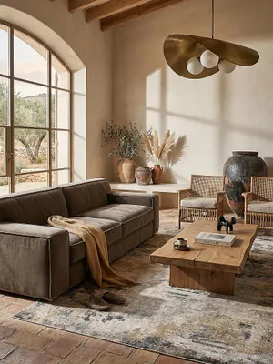 Teppich Gelb-Natur rechteckig im Wohnzimmer mit Couchtisch und Wohnaccessoires Wohnidee skandinavisch modern_#sku_SAF503119379278-SAF503119379279-SAF503119379280#