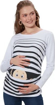 Productafbeelding van Zwangerschapsshirt lange mouw kiekeboe – zwangerschapskleding dames, 95% katoen, wit, maat M