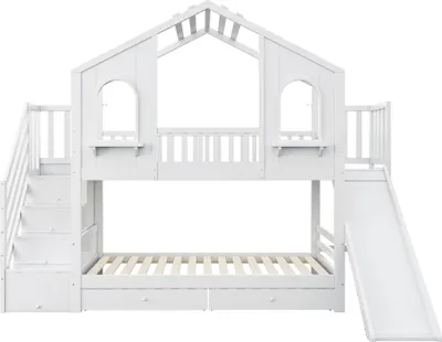 Produktbild von Flieks Etagenbett 90x200cm mit 2 Schubladen, Kinderbett Hausbett mit Rutsche und Fenster, Hochbett Einzelbett mit Treppe und Lattenrost, Weiß