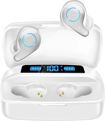 Imagen del producto de Auriculares inalámbricos Bluetooth 5.0, con micrófono, 156 horas de autonomía con estuche de carga LCD y conexión USB-C, sonido estéreo inalámbrico, clasificación IPX7, compatibles con iPhone, Samsung y Android