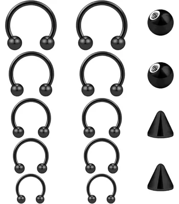 Obrázok produktu pre Hufeisenový piercing, nosový piercing, piercing do pery, helixový prsteň, 1,2 mm, nerezová oceľ, sada 10 kusov, priemer 6-14 mm, farby: strieborná, čierna, zlatá