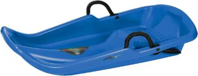 A blue plastic sled with black handles against a white background.
