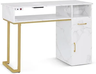 Produktbild von Manikürtisch mit Schublade & Schrank, Nageltisch mit Absaugung, 3 Steckdosen, 2 Staubsaugerbeuteln, Nagelfrisiertisch Holz, Schreibtisch für Nagelstudio, Marmor-Weiß Gold, 50x110x82cm, 2491