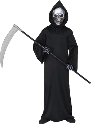 A person wearing a Grim Reaper costume holding a scythe.