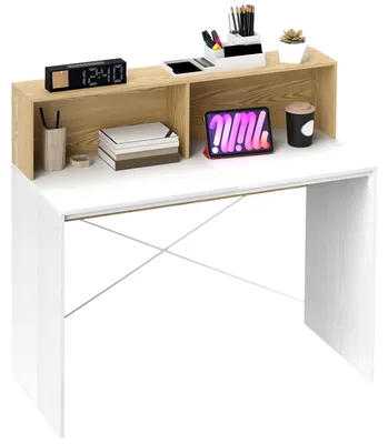 Image de Bureau - Bureau d'ordinateur - Largeur 100 cm - Avec étagère - Bois - Rectangulaire - Capacité de charge 60 kg - Blanc