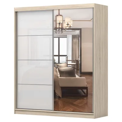 Produktbild von Schwebetürenschrank Kleiderschrank Schrank Garderobe Spiegel Multi 35 - 180 cm (Sonoma/Weiß) + Spiegel