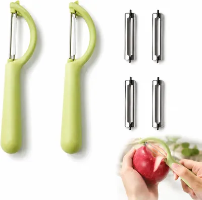 Imagen del producto de Juego de peladores de verduras, 2 peladores tipo "P" con 4 hojas de repuesto, acero inoxidable, diseño ergonómico, para patatas y pepinos