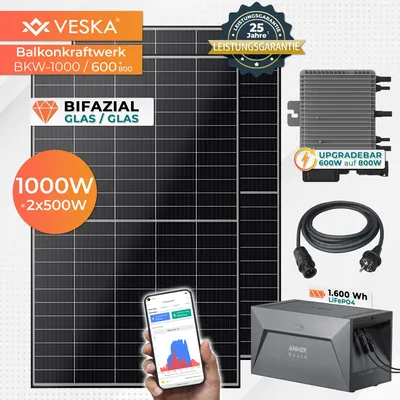 Produktbild von Balkonkraftwerk 1000 W Bifazial mit Speicher Anker Solaranlage Steckerfertig WIFI Mini-PV Photovoltaik Anlage 800 Watt genehmigungsfrei, Schwarz