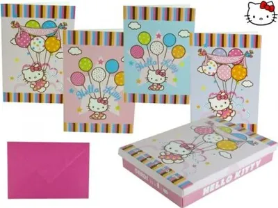 Obrázok produktu pre Hello Kitty sada 12 balónových blahoželaní 4-triedených v darčekovej krabičke, skladacie karty s obálkami
