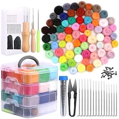Produktbild von 72 Farben Nadelfilz Set, Filzwolle Roving, Nadelfilz Starter Kit mit Filznadeln Grundwerkzeugen und Zubehör Wollfaser-Handspinnmaterial zum Basteln für Anfänger DIY Filz Tier Handwerk