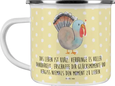 Produktbild von Mr. & Mrs. Panda becher emaille Thanksgiving Truthahn - Gelb Pastell - Geschenk, Teetasse, Erntedank, Teebecher, Handgezeichnet, Dankbarkeit, Tasse, Pott, Zeichnung