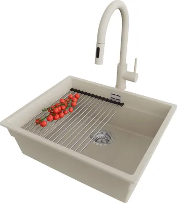 Produktbild von PRIMAGRAN Unterbauspüle Granit Beige 56x47cm, Spülbecken 1 Becken + Ablauf-Set + Küchenzubehörset, Granitspüle ab 60er Unterschrank - Praga