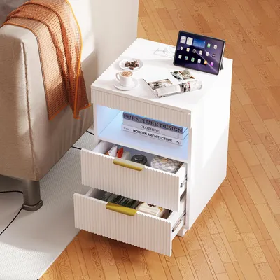 Immagine prodotto di Tavolino da notte 40x40x60 cm con illuminazione LED, prese di corrente e USB, 2 cassetti e un cassetto nascosto, frontale sagomato, comodino per la camera da letto, bianco