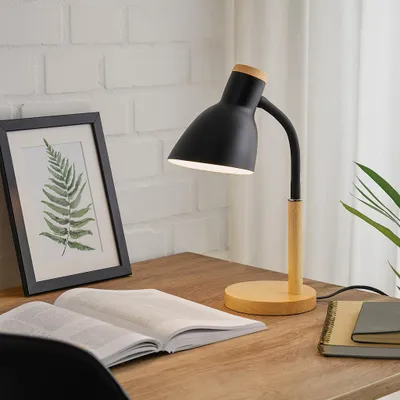 Produktbild von LUMILED Schreibtischlampe E27 Fassung 13W Schwarz Holzdetails Verstellbarer Flexarm Kabelschalter Tischlampe Leseleuchte Arbeitslampe Skandinavisch für Büro Home Office Schlafzimmer Kinderzimmer