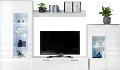Produktbild von Wohnwand NEW LONG Weiß mit Beleuchtung, Standvitrine mit Glastür und Lowboard mit Klappen
