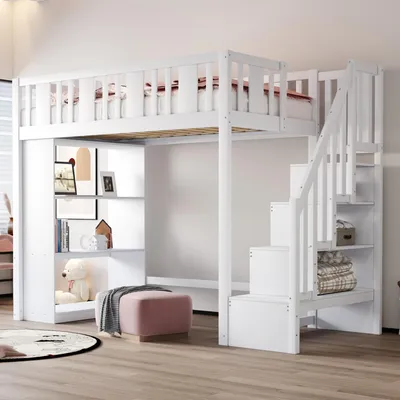 A white loft bed with stairs and storage shelves in a room.