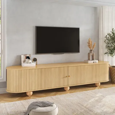 Produktbild von STILVORA TV Lowboard mit Schiebetüren und Rundungen, TV Schrank mit vertikal geriffelten Schiebetüren, Retro TV Möbel mit Kugelfüßen