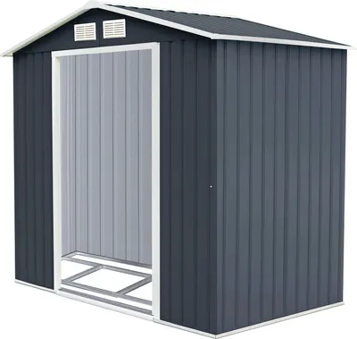 A dark gray metal garden shed with a white trim and a white framed opening, set against a white background.