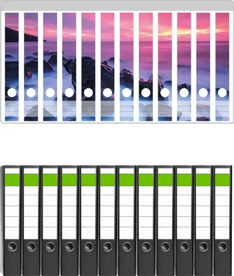 Produktbild von Wallario 12 Stück schmale Ordner inkl. Klebeetiketten mit Motive Felsen im Meer bei Sonnenuntergang -  Set mit Rückenschildern / Ordnerrücken Stickern