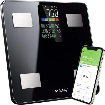 Image de Balance de salle de bain connectée LCD, noire, capacité de 226 kg