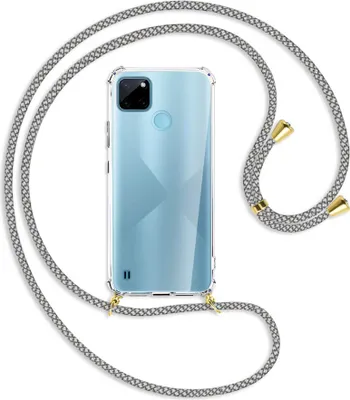 Produktbild von Handykette Backcover-Schutzhülle mit Band (Metall goldfarben) für  Realme C21Y /C25Y - weiß/grau kariert