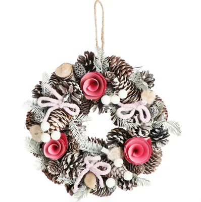 Produktbild von COM-FOUR® Türkranz Weihnachten - Adventskranz mit rosa Schleifen und pinken Blüten - Dekokranz - Weihnachtsdeko - Tischkranz - Weihnachtskranz
