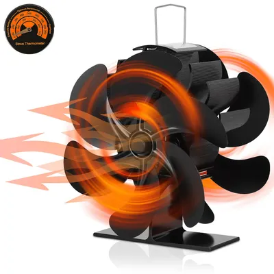 Obrázek produktu pro Eikuavons, ventilátor do kamna s 12 lopatkami, oboustranný, určený pro kamna, ventilátor poháněný teplem, bez nutnosti elektrického napájení, s teploměrem pro kamna na dřevo