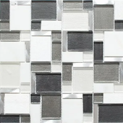 Produktbild von Mosaikfliese Transluzent Aluminium weiß grau Kombination Glasmosaik Crystal Stein Alu weiß und grau MOS49-FK02
