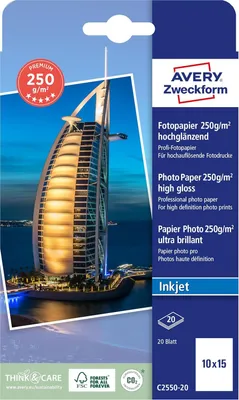 Zdjęcie produktu dla Avery C2550-20, Wysoki połysk, 250 g/m², Atramentowa, 10x15 cm, Biały, 20 ark.
