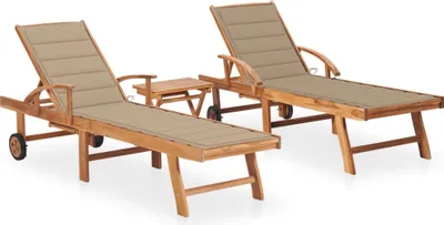 Produktbild von Sonnenliegen 2 Stk. mit Tisch und Auflagen Massivholz Teak