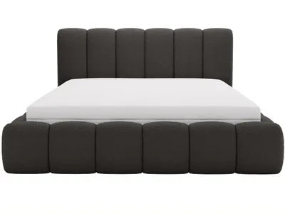 A dark gray upholstered bed with a white mattress, shown from the front on a white background.