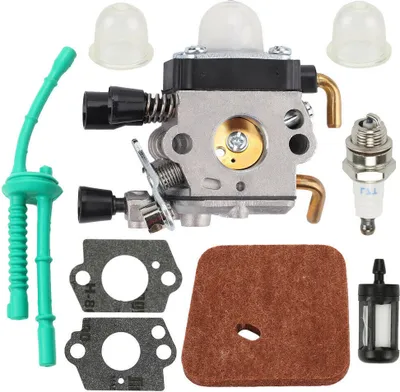 A collection of small engine parts, including a carburetor, spark plug, fuel filter, gaskets, and fuel lines, arranged on a white background.