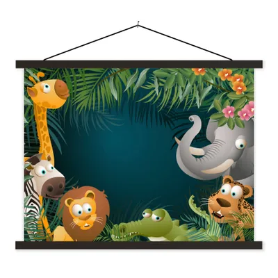 Produktbild von MuchoWow® Textilposter Farben - Dschungeltiere - Blätter - Mädchen - Jungen - Kinder 150x113 cm mit holzfarbenen Rahmen - Poster